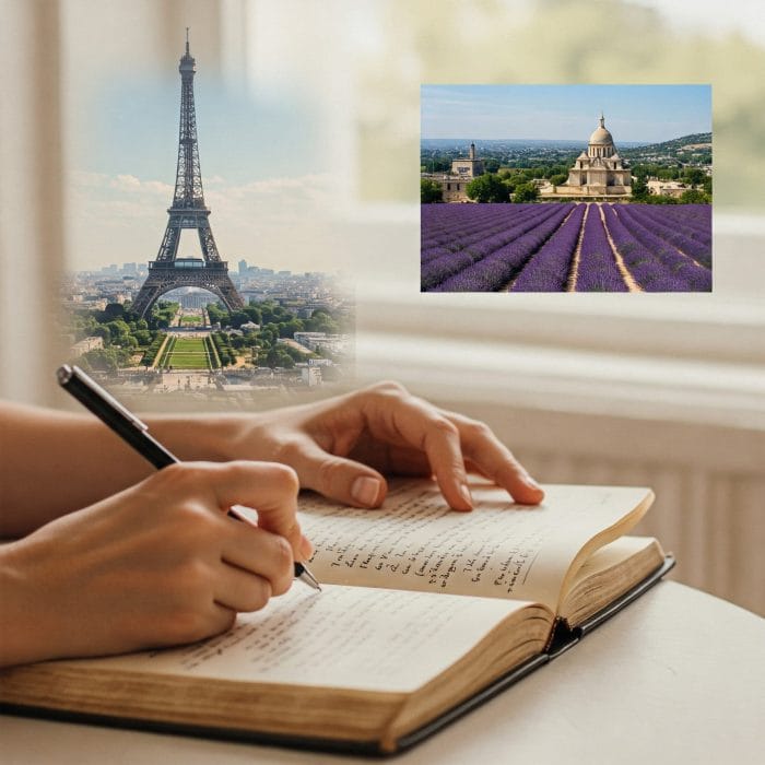 フランスの風景写真を見ながらフランス語で日記を書く手元