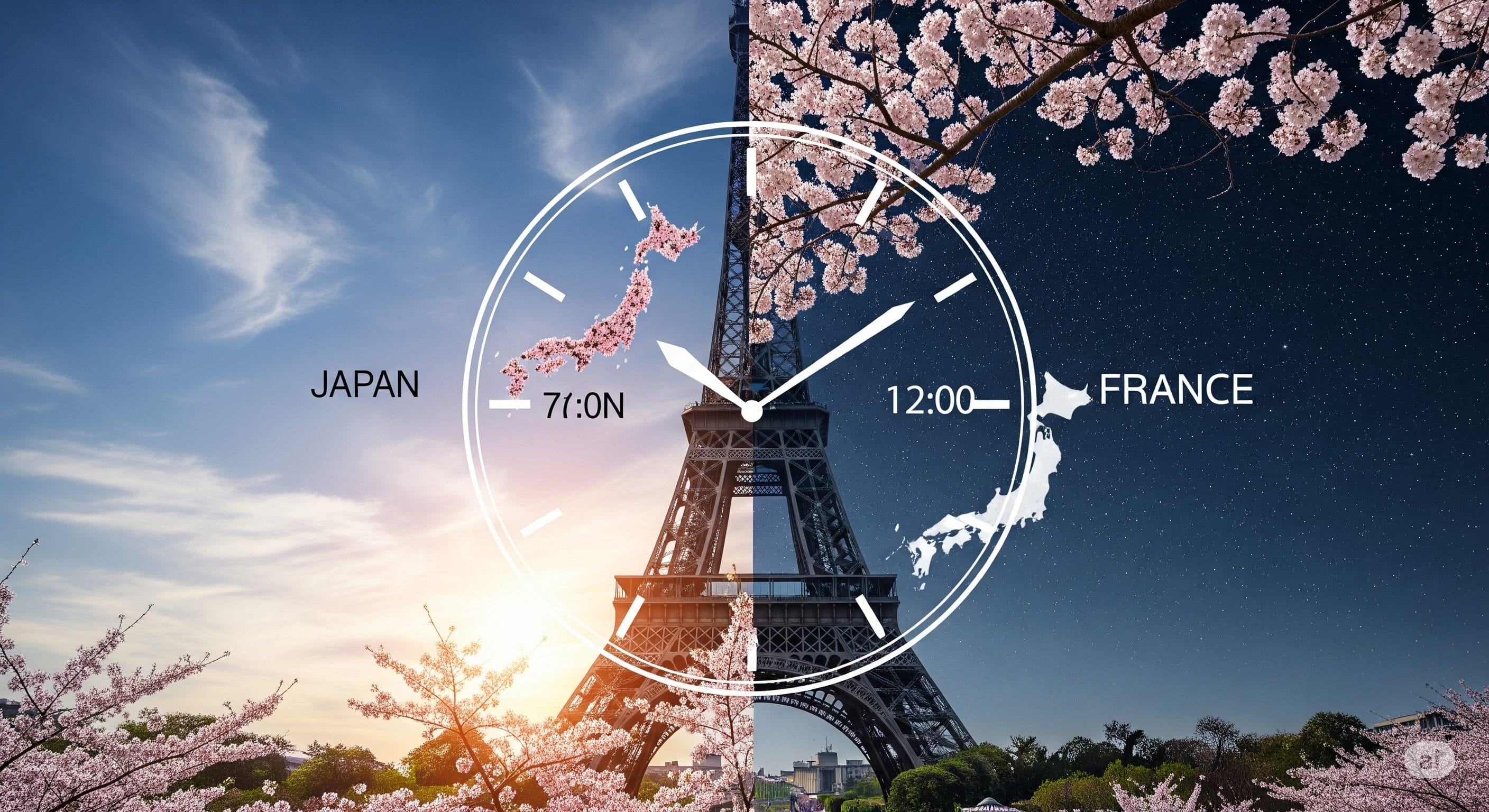 エッフェル塔の上の時計が、左側の日本の昼と右側のフランスの夜に景色を分け、その両側を桜が縁取っています。.