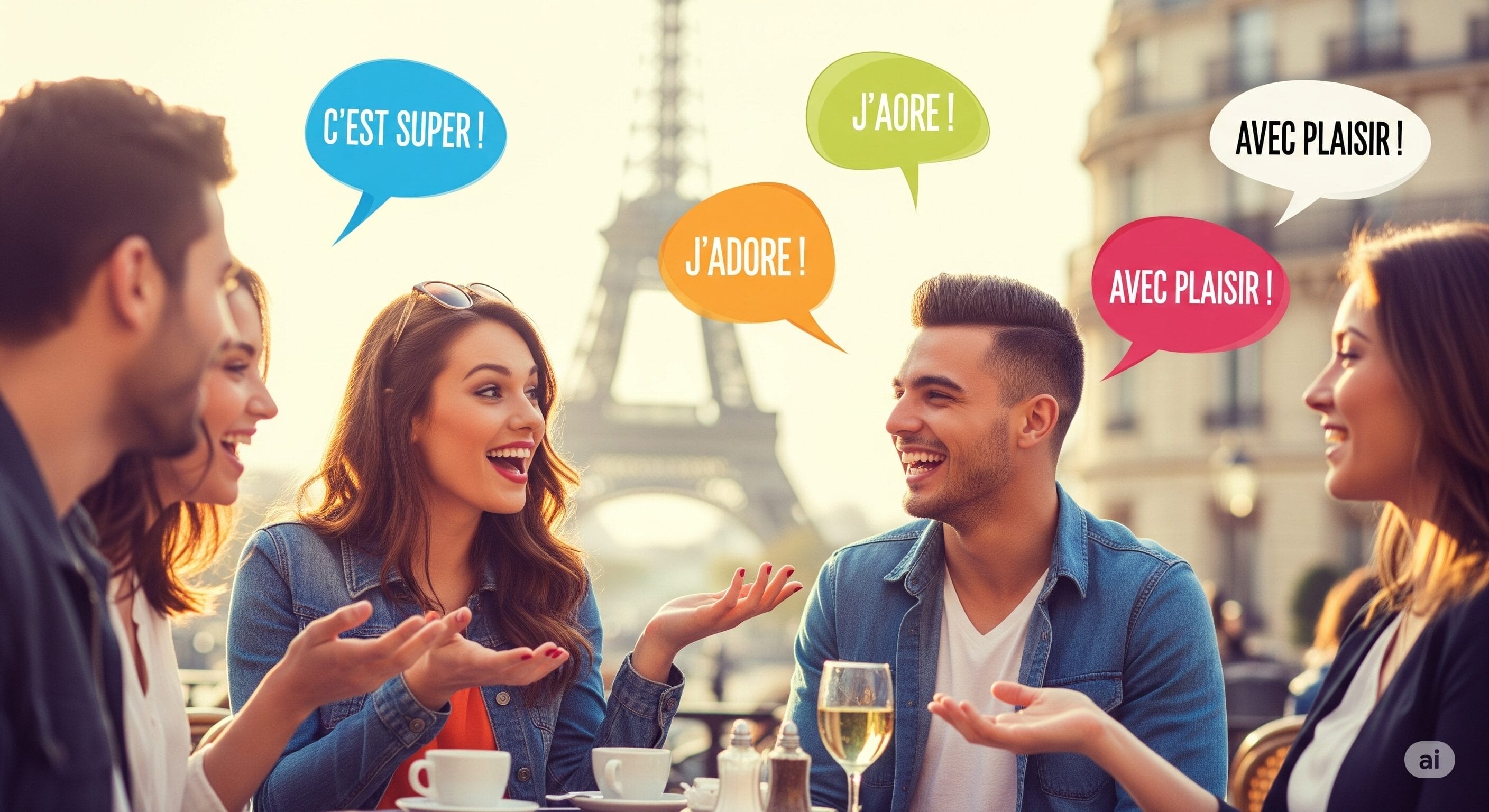 エッフェル塔近くのカフェのテーブルに5人の若者が座り、笑顔で会話をしています。吹き出しには、喜びや同意を表すフランス語のフレーズが描かれています。.