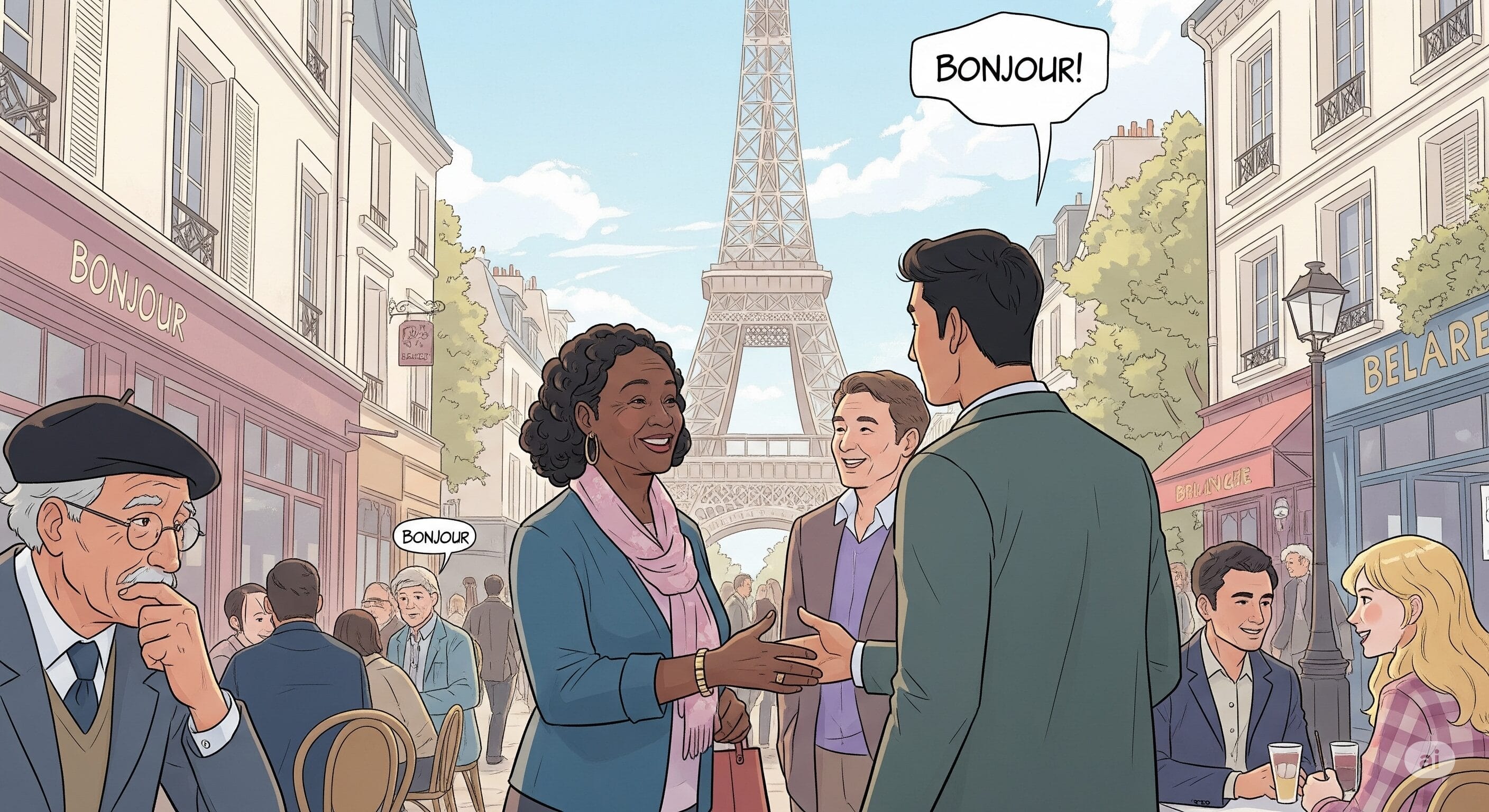 パリのカフェの外で、2人が「ボンジュール」と挨拶し合っている。背景にはエッフェル塔があり、近くのテーブルには他の人々が座っている。.
