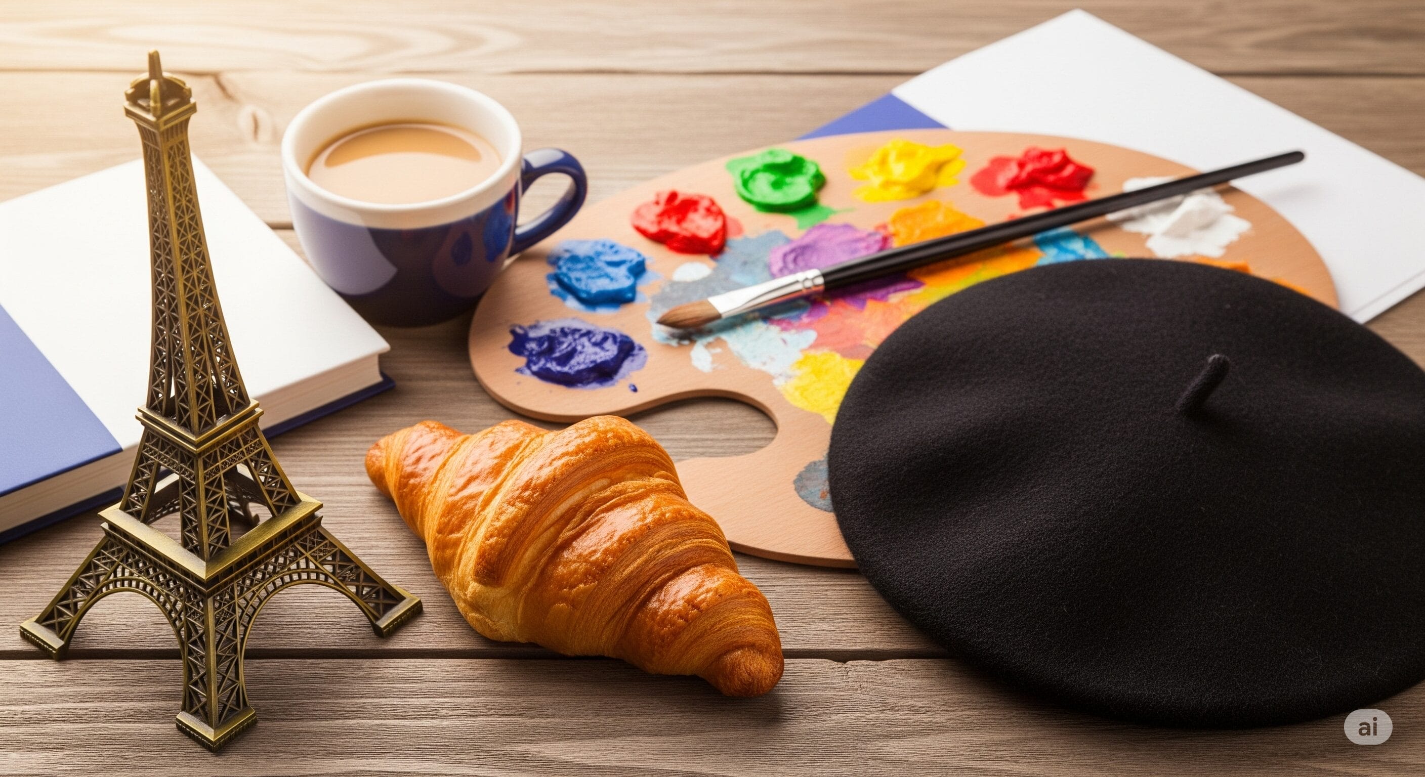 小さなエッフェル塔の模型、コーヒーカップ、クロワッサン、黒いベレー帽、ノート、画家のパレットと筆が木製のテーブルの上に並べられています。.