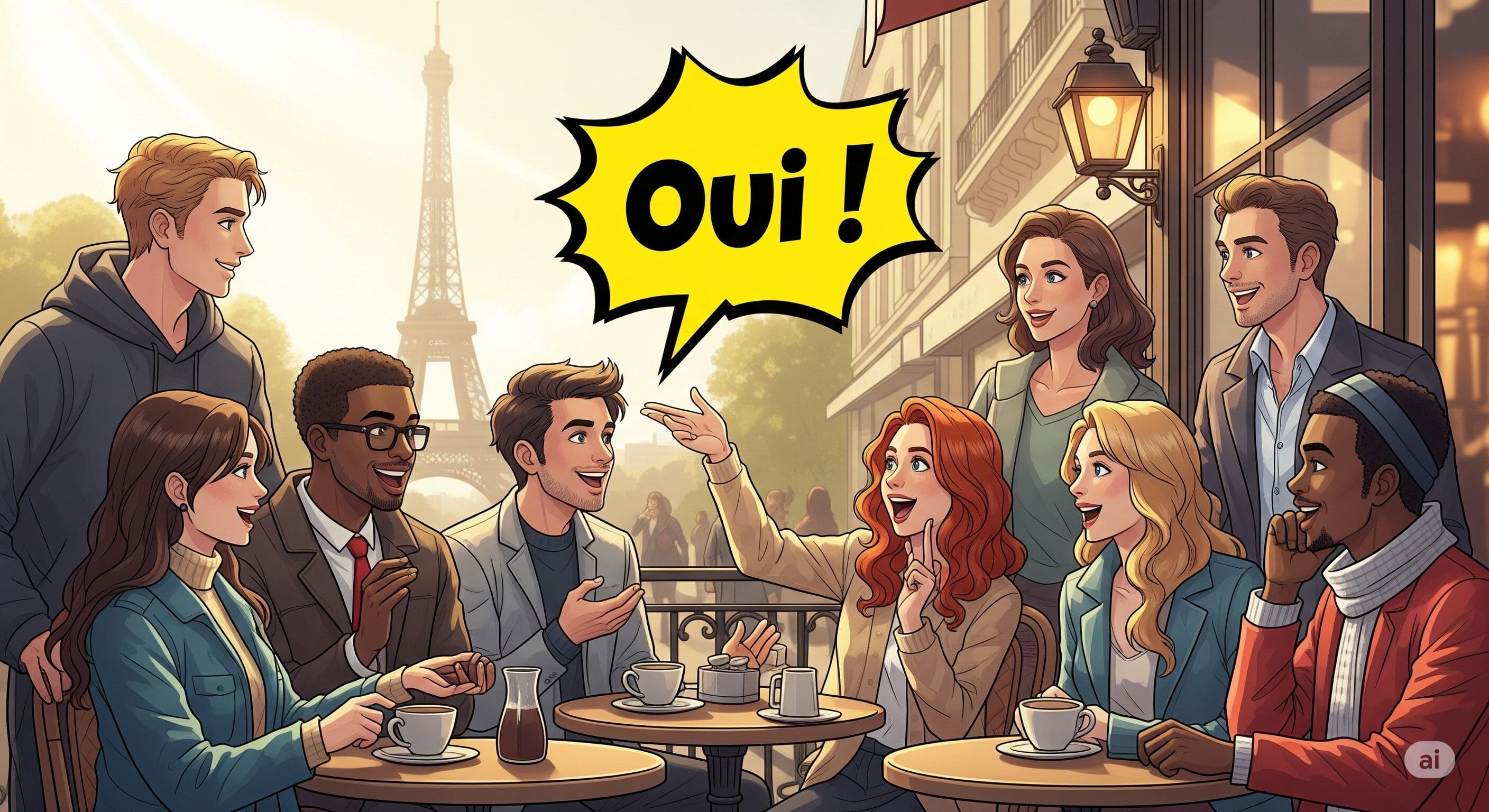 エッフェル塔近くの屋外カフェに人々が座り、笑顔で会話をしています。吹き出しには太字で「Oui!」と書かれています。.