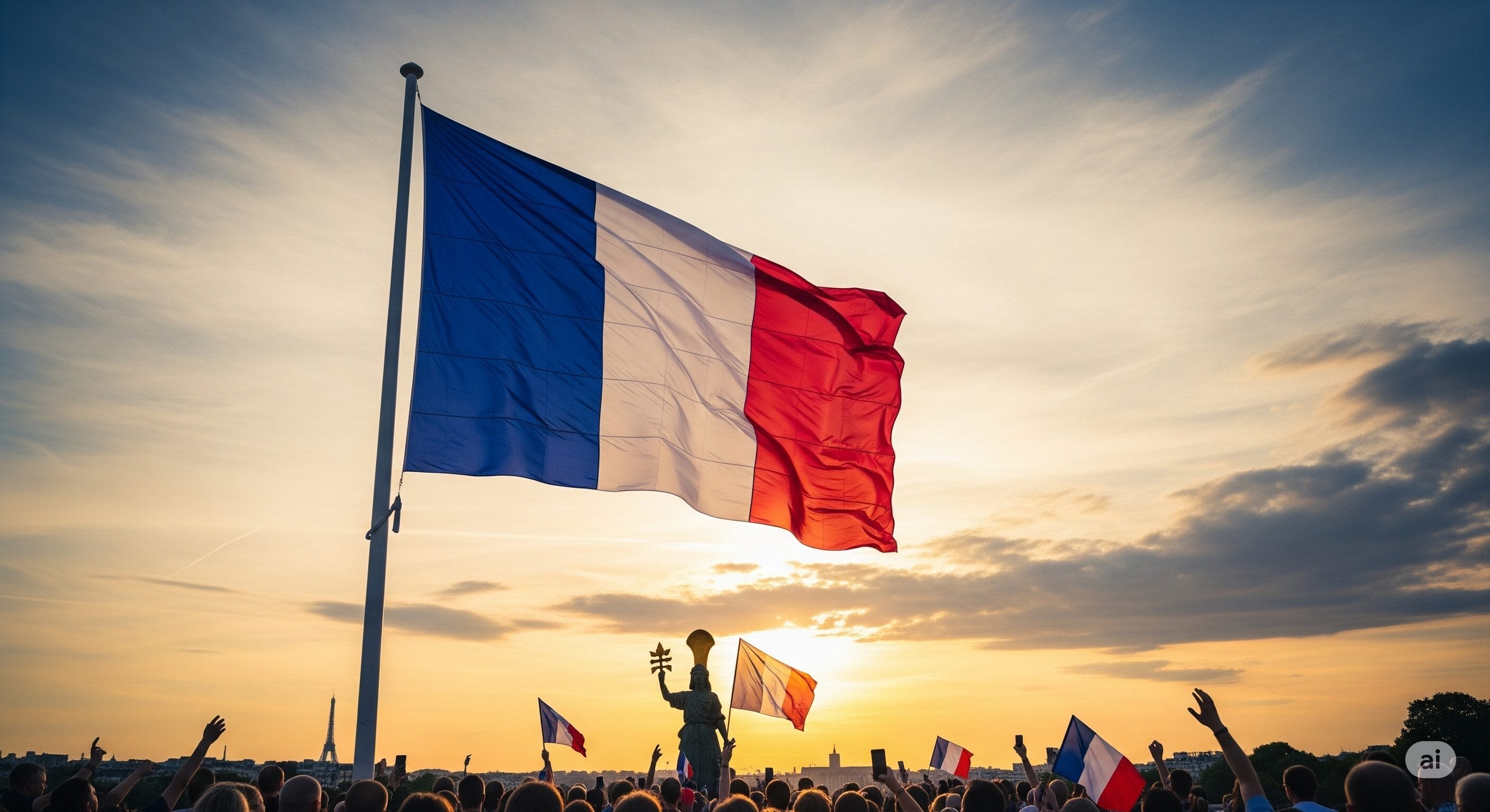 日没時に、小さなフランス国旗を掲げる群衆の上に大きなフランス国旗がはためいており、背景にはエッフェル塔が見える。.