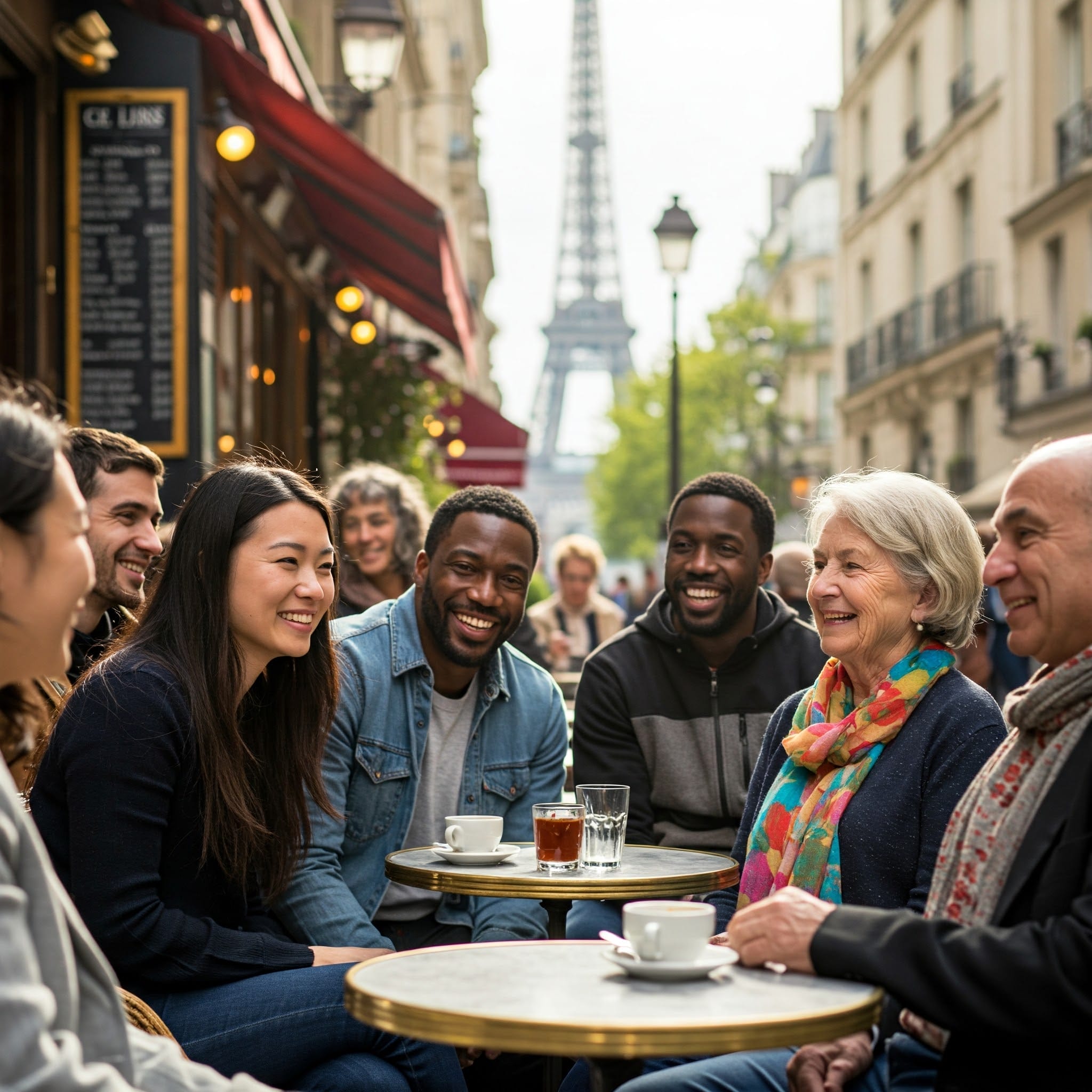 パリのカフェの屋外テーブルに、さまざまな人々が座って笑顔で会話を交わしており、背景にはエッフェル塔が見える。.