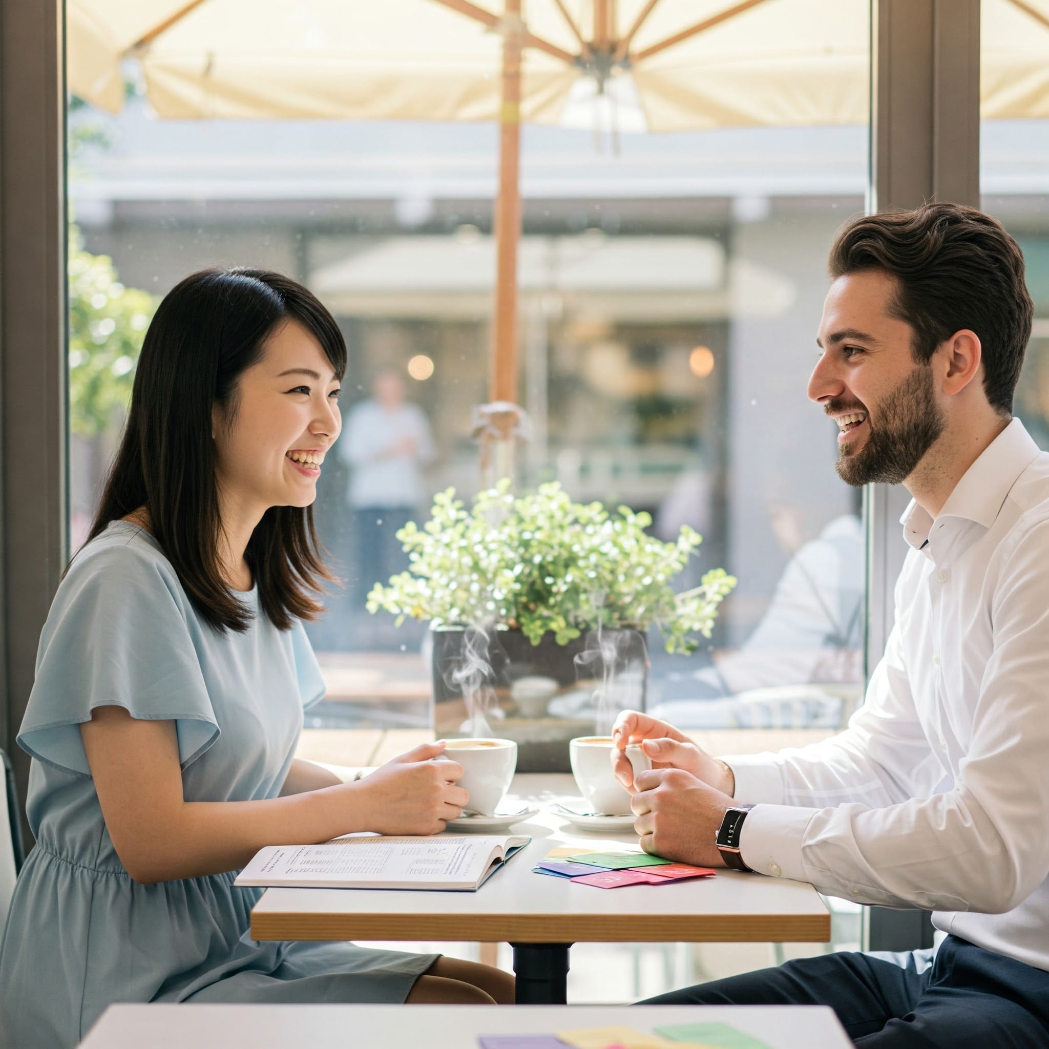カフェのテーブルに向かい合って座り、コーヒーを飲みながら笑顔で会話する二人。テーブルの上にはノートとカラフルなカードが置かれ、背景には植物が置かれている。.