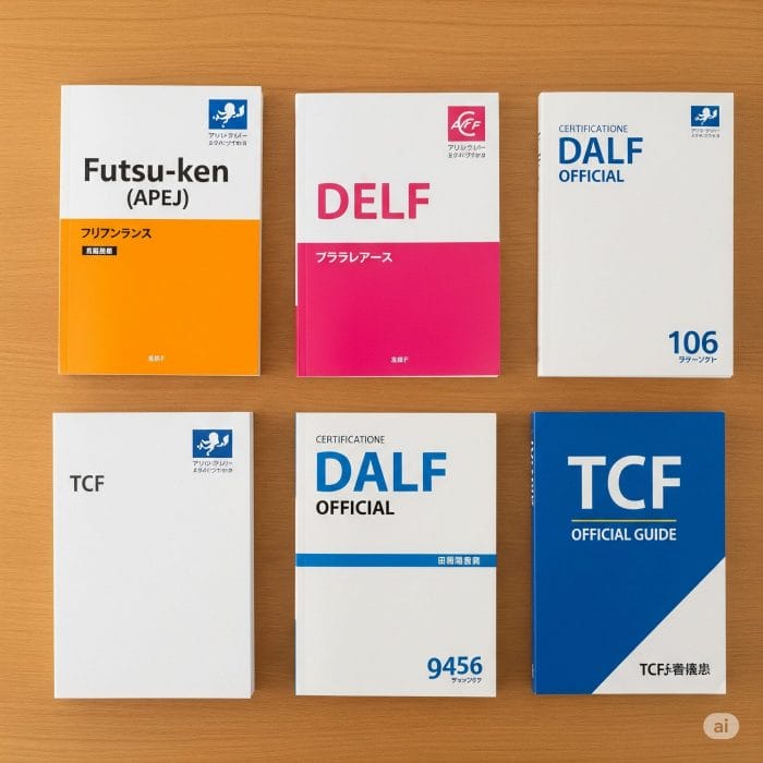 机の上に置かれた仏検、DELF、DALF、TCFなど様々なフランス語検定の教材