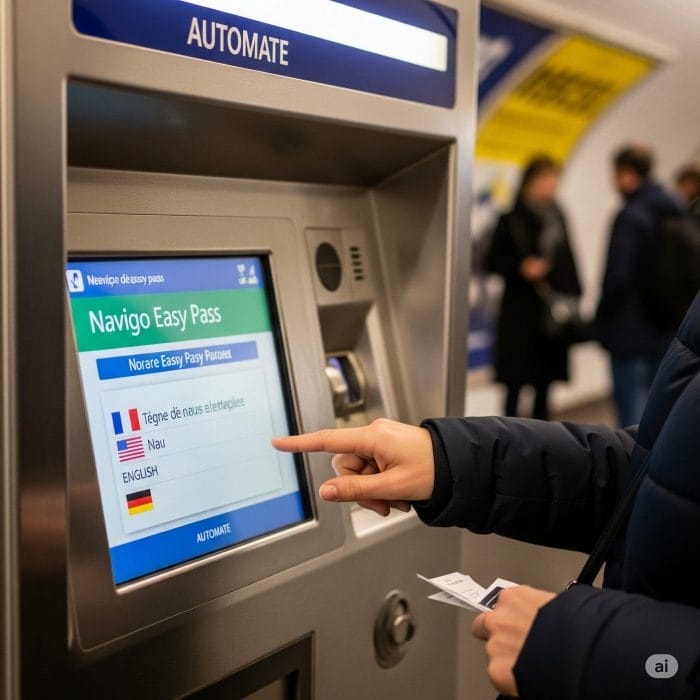 近代的なパリのメトロ券売機を操作する旅行者の手元