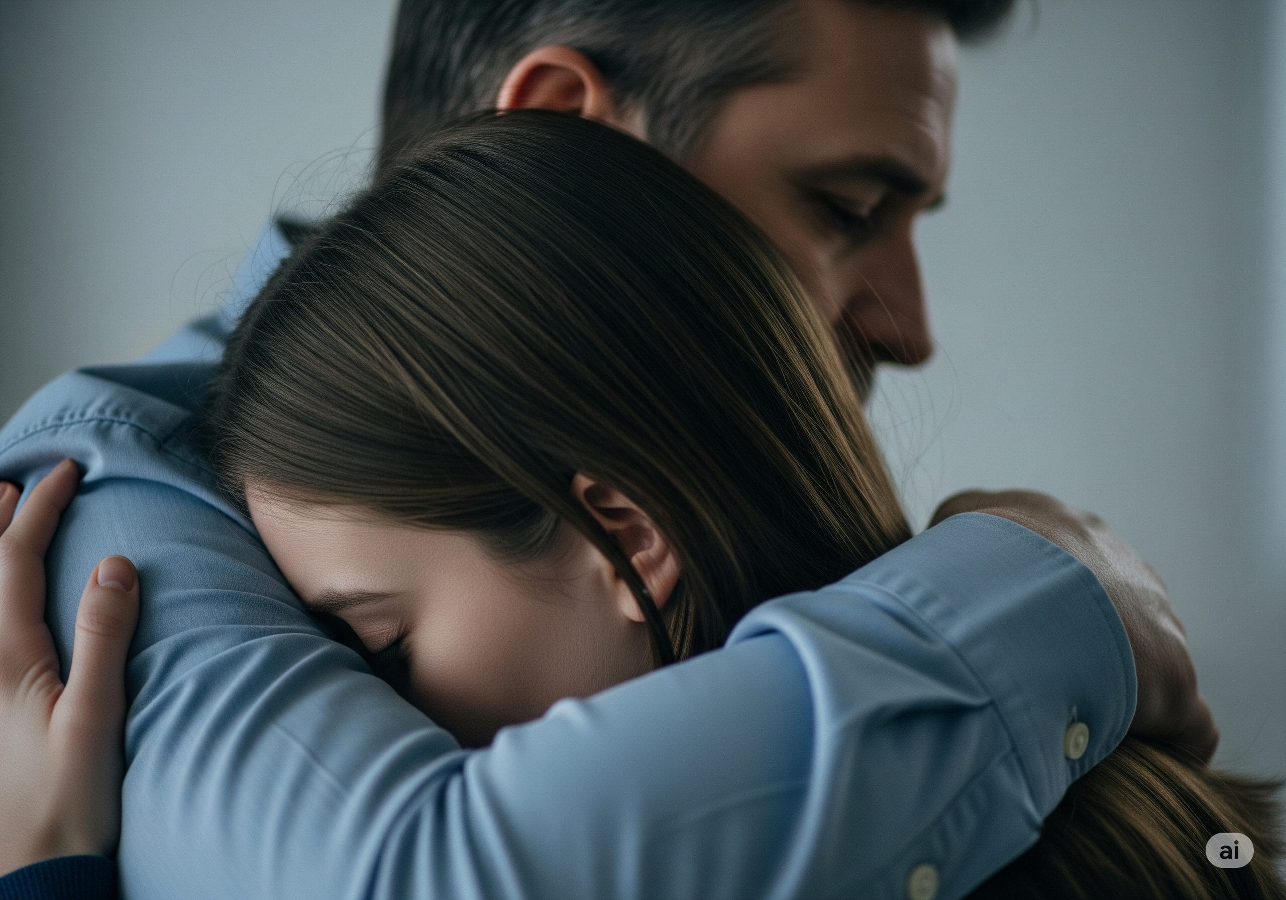 慰め合うように優しくハグをする二人のシルエット