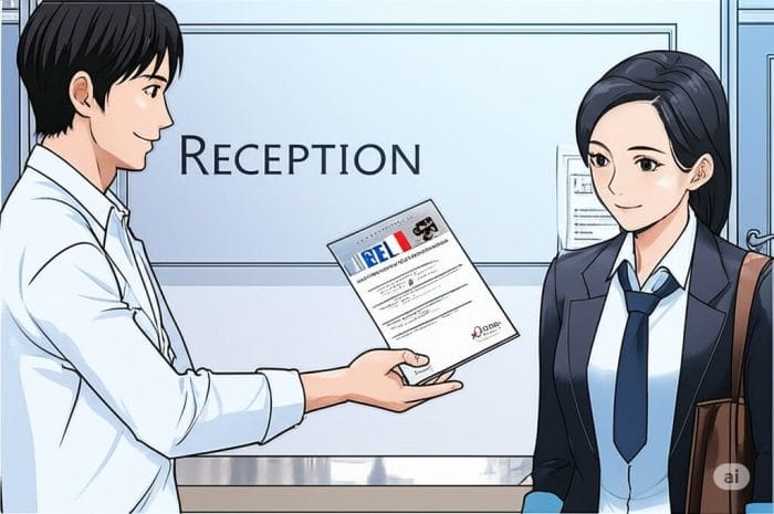 語学学校の受付で、日本人男性がフランス人女性スタッフから申込書を受け取っている