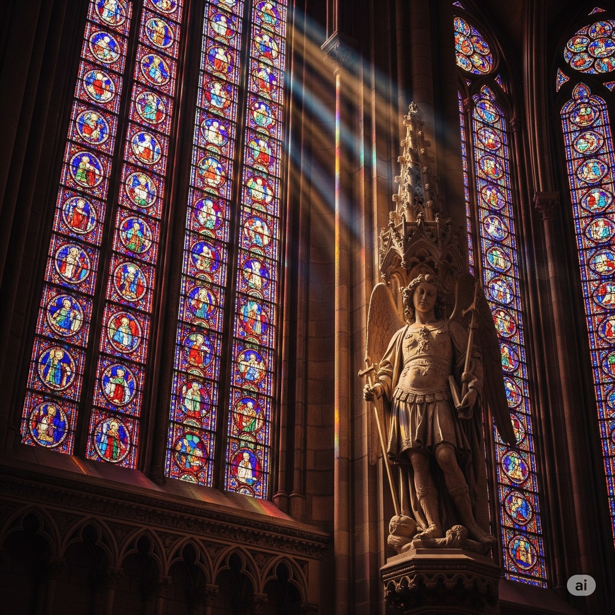 大聖堂のステンドグラスと天使の彫刻