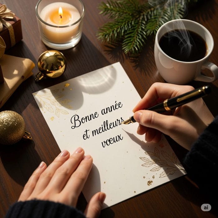 フランス語で新年のメッセージが書かれたグリーティングカードと万年筆