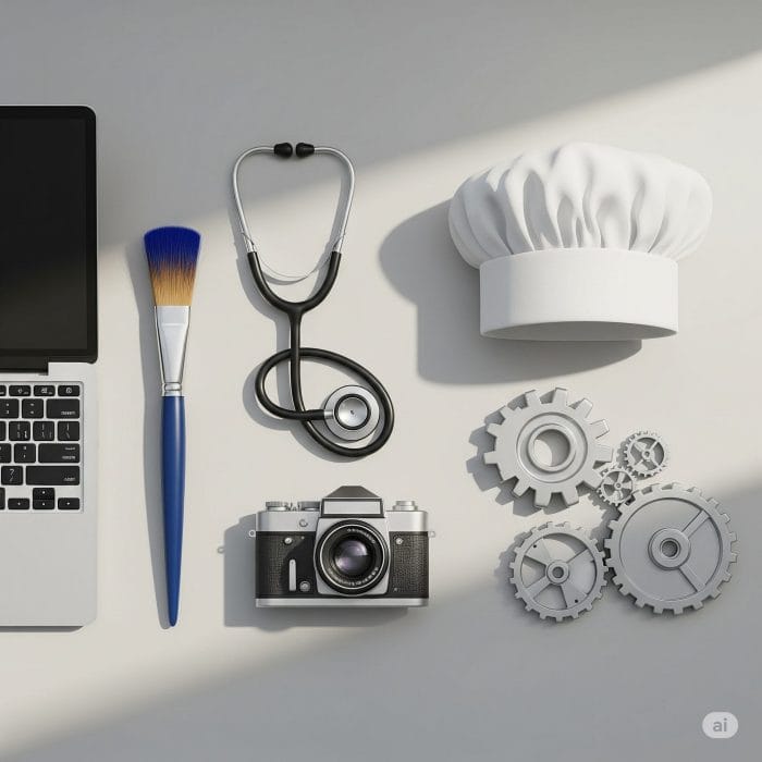 様々な職業を象徴するアイコンのフラットレイ画像