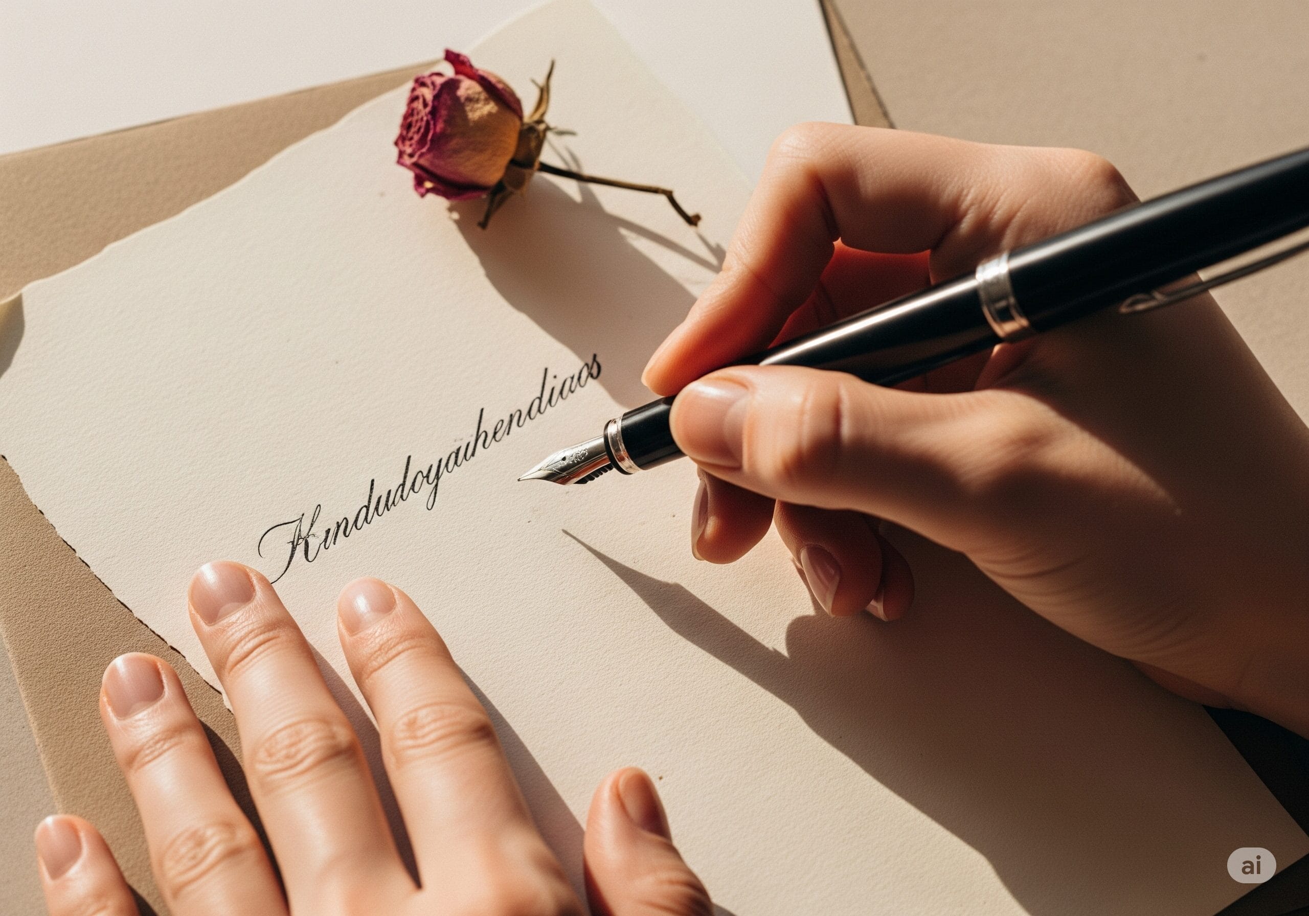 万年筆でお悔やみの手紙を書いている手元のアップ