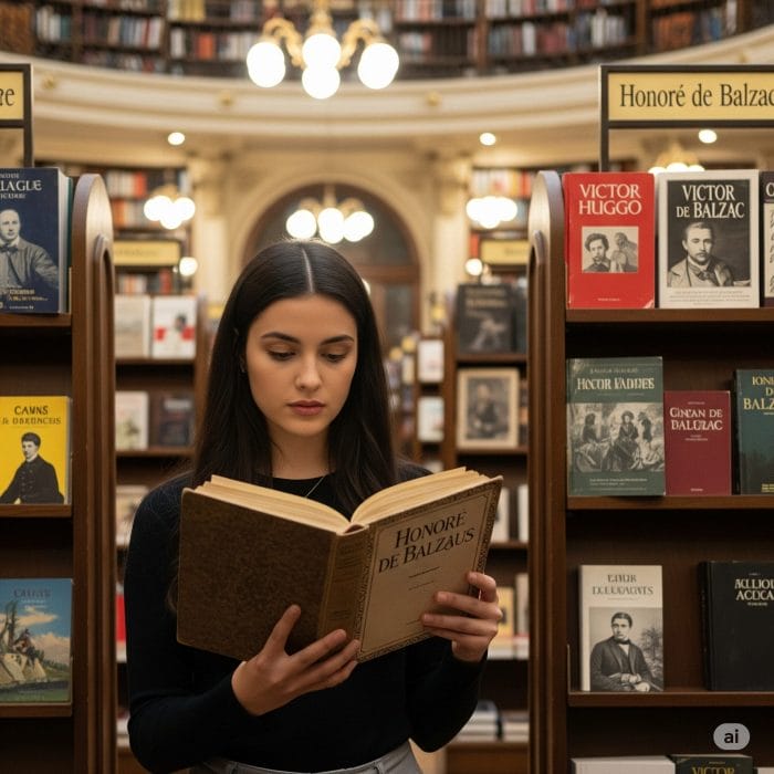 図書館で古いフランス文学書を興味深そうに眺める学生