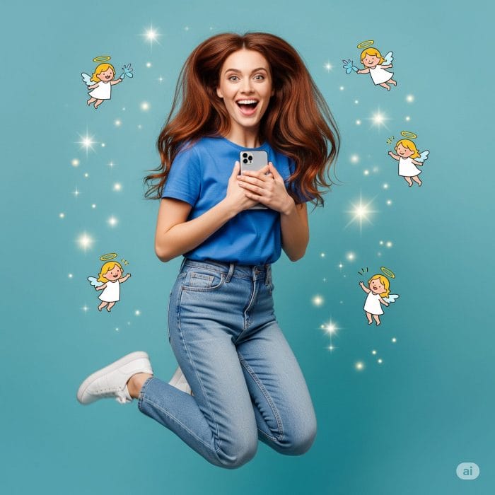 スマートフォンを見て喜ぶ女性