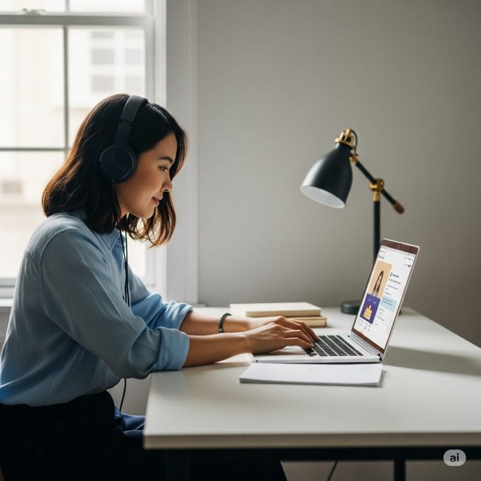 ノートパソコンとヘッドフォンを使い、自宅でフランス語を学習する女性