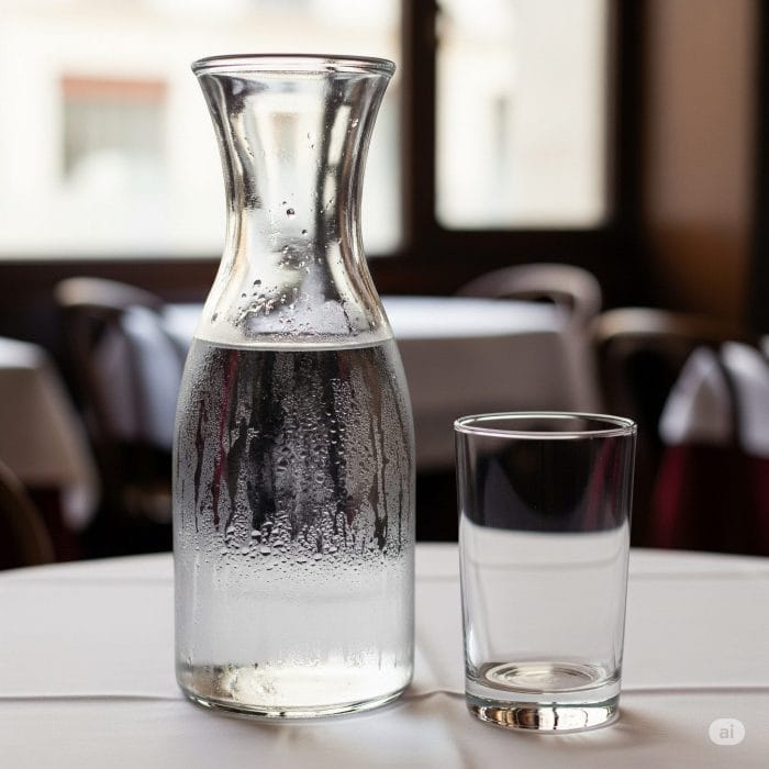 レストランのテーブルに置かれた冷たい水のカラフ
