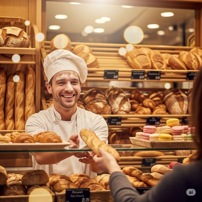 フランスのパン屋で笑顔でバゲットを渡すパン職人
