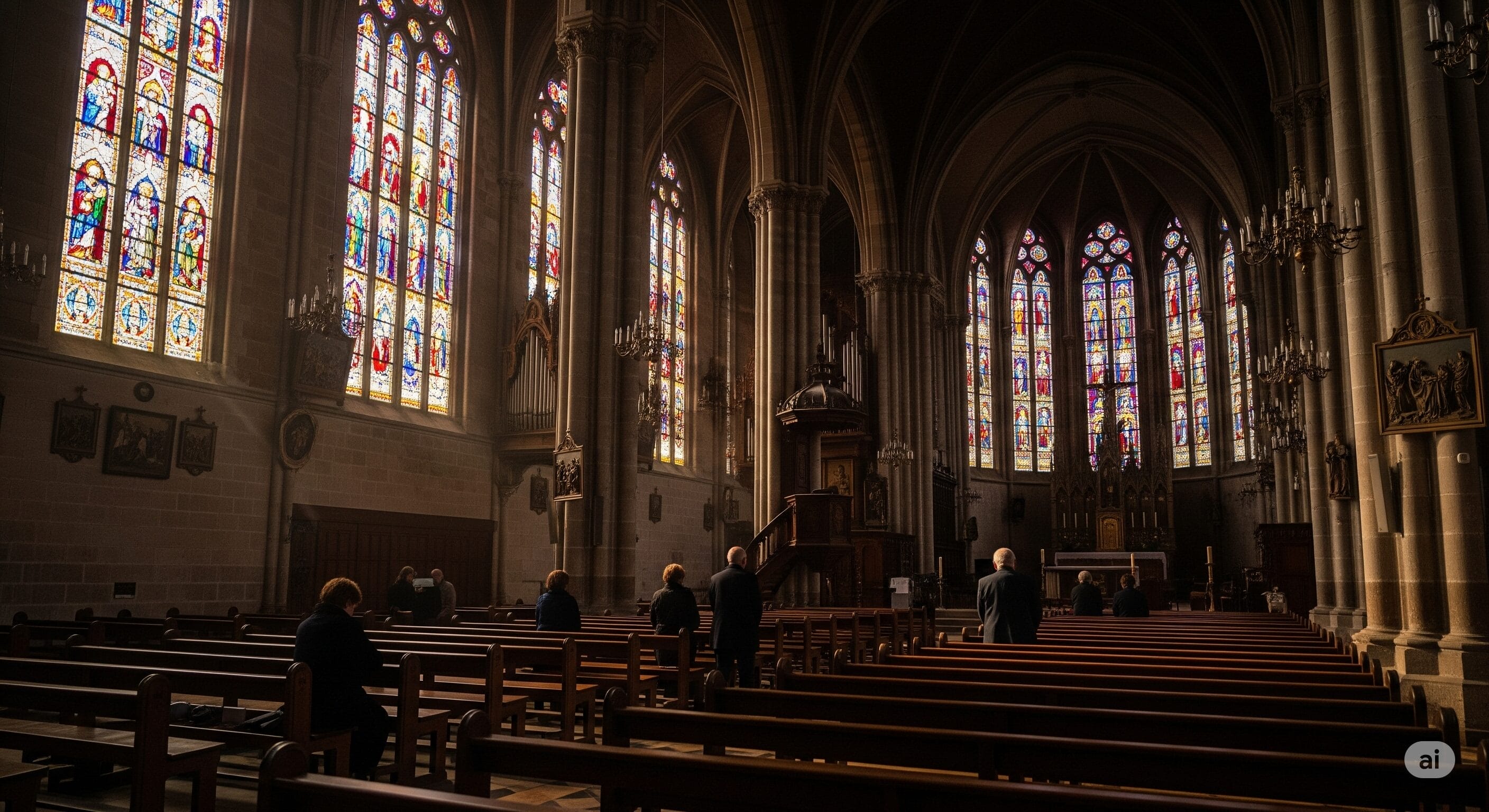 ステンドグラスから光が差し込む荘厳なフランスの教会の内部