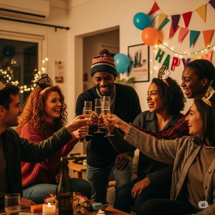 新年のパーティーで楽しそうに乾杯する多国籍な友人たち