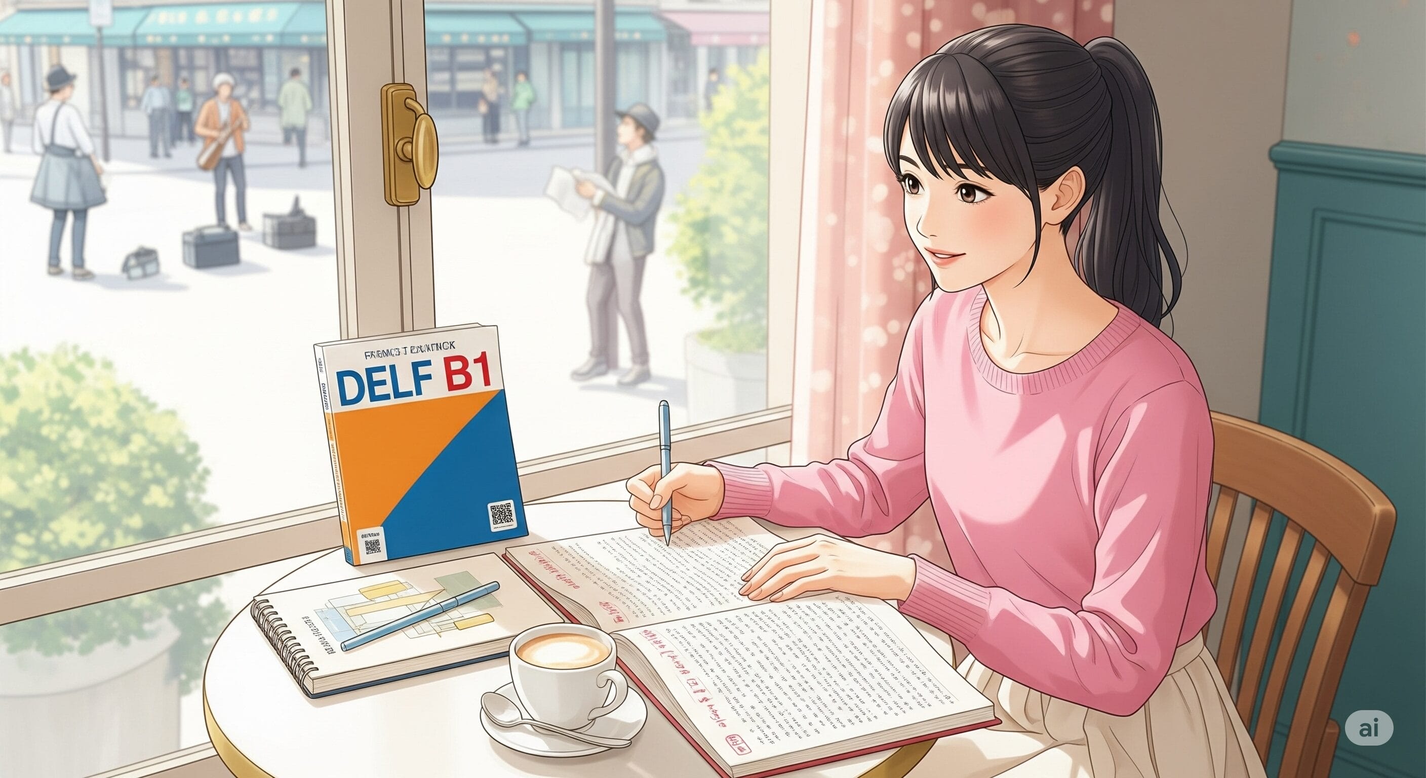カフェの窓際のテーブルに女性が座り、本とノートを開いて勉強している。テーブルの上にはDELF B1試験対策の本とコーヒーが置いてある。人々が外を歩いている。.