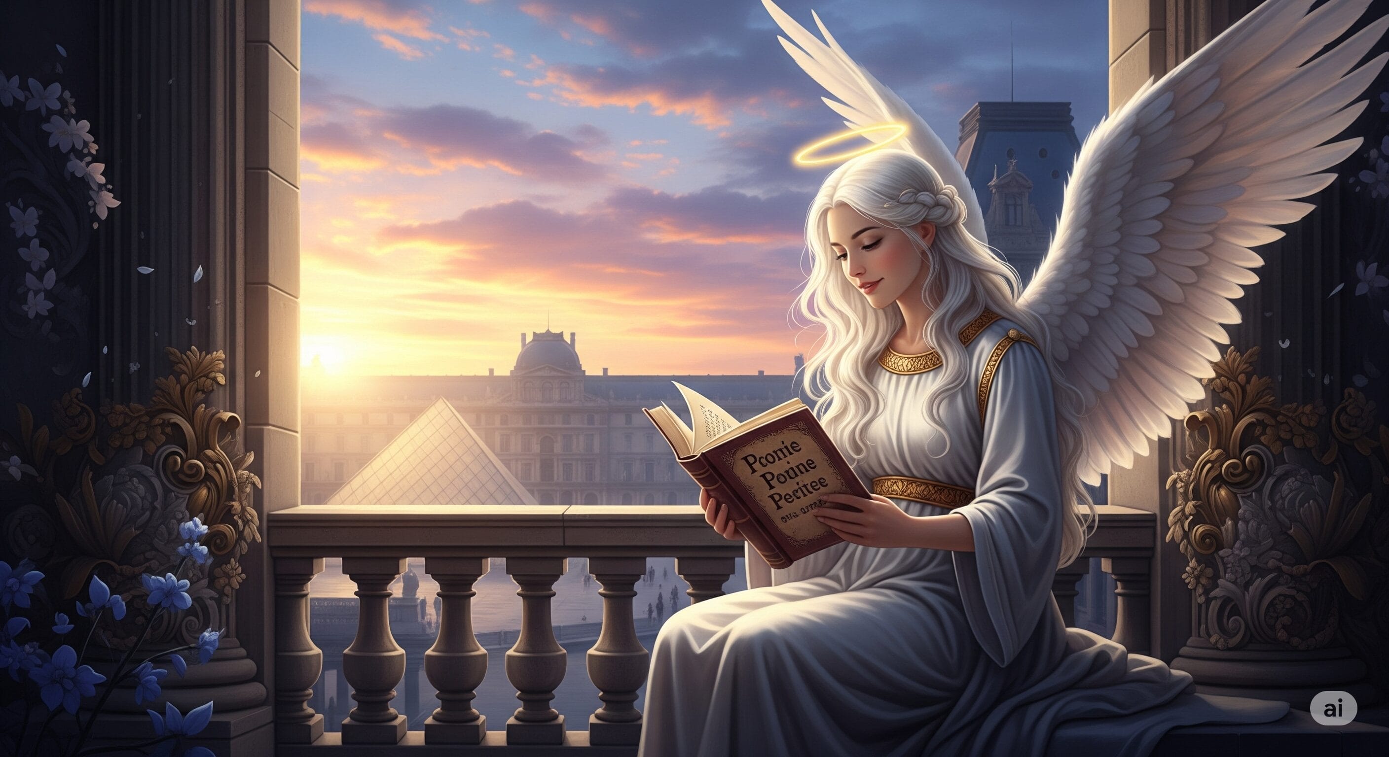 白い翼と光輪を持つ穏やかな天使が、夕暮れ時のバルコニーで本を読んでいます。背景には街並みと古典的な建築が広がっています。.