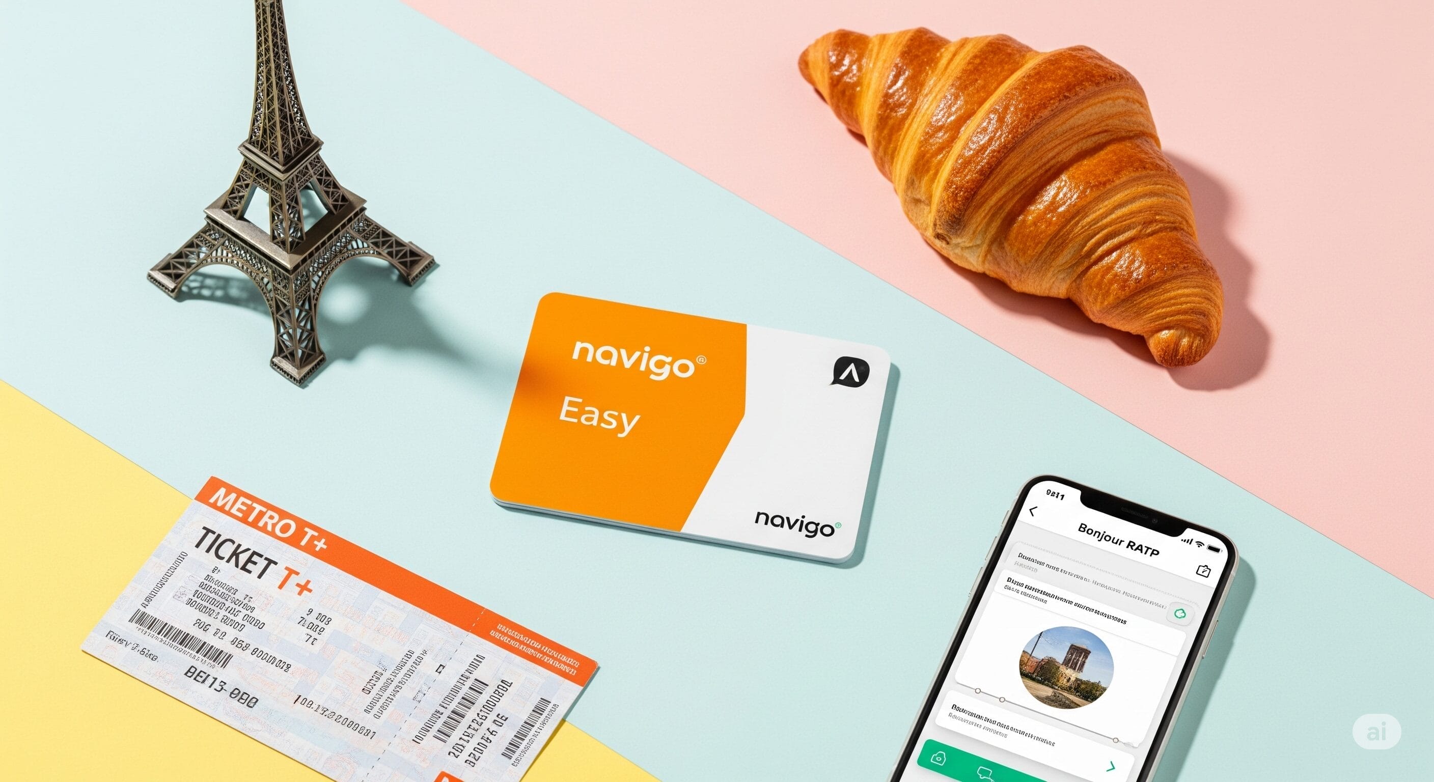 カラフルなパステルカラーの背景に、Navigo Easyトランジットカード、メトロの切符、ミニチュアのエッフェル塔、クロワッサン、交通アプリの入ったスマートフォンが配置されている。.