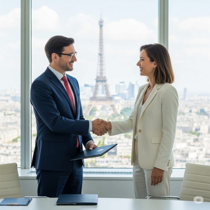 パリのオフィスで握手をするビジネスパーソン