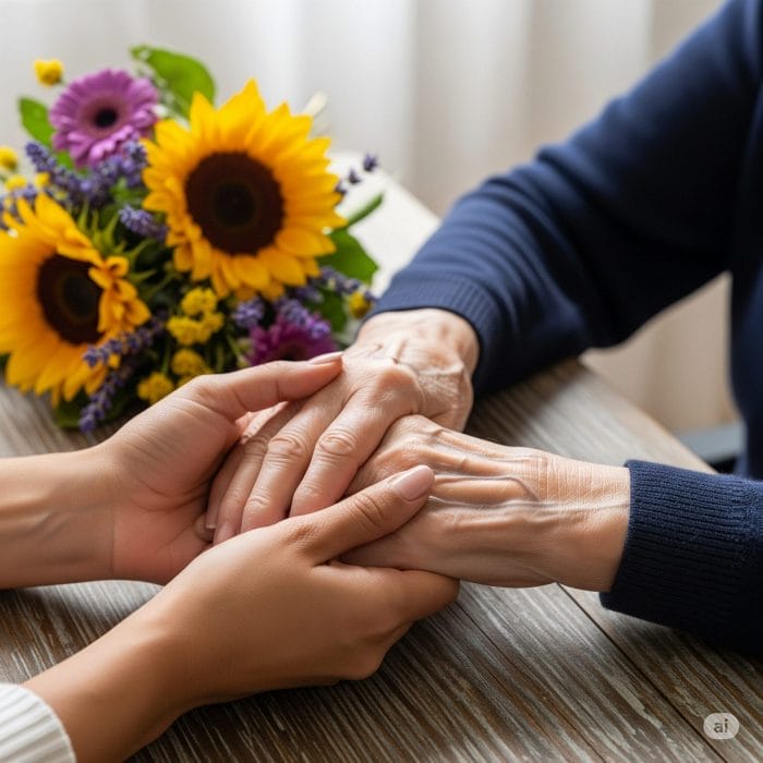 若い人の手が年配の人の手を優しく握っているクローズアップ