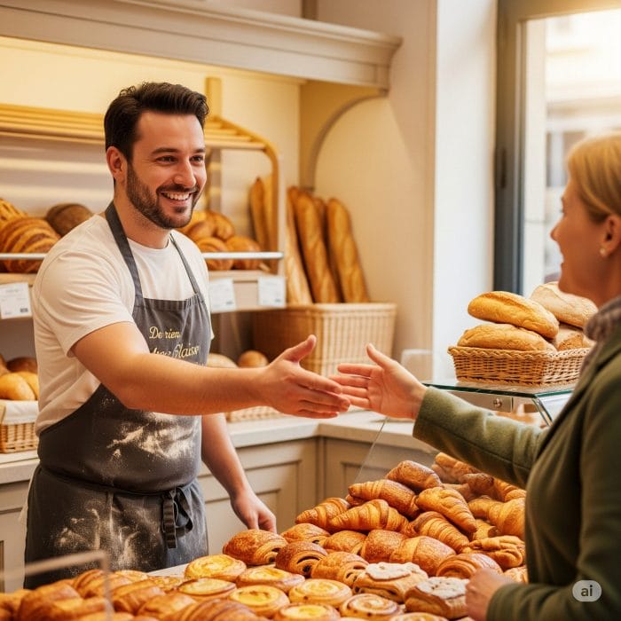 フランスのパン屋で笑顔でジェスチャーをするパン職人