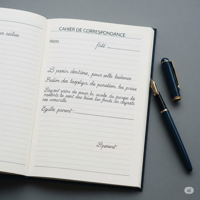 フランスの学校で使われる連絡帳が開かれており、保護者のサインと手書きのメモが書かれているページ。