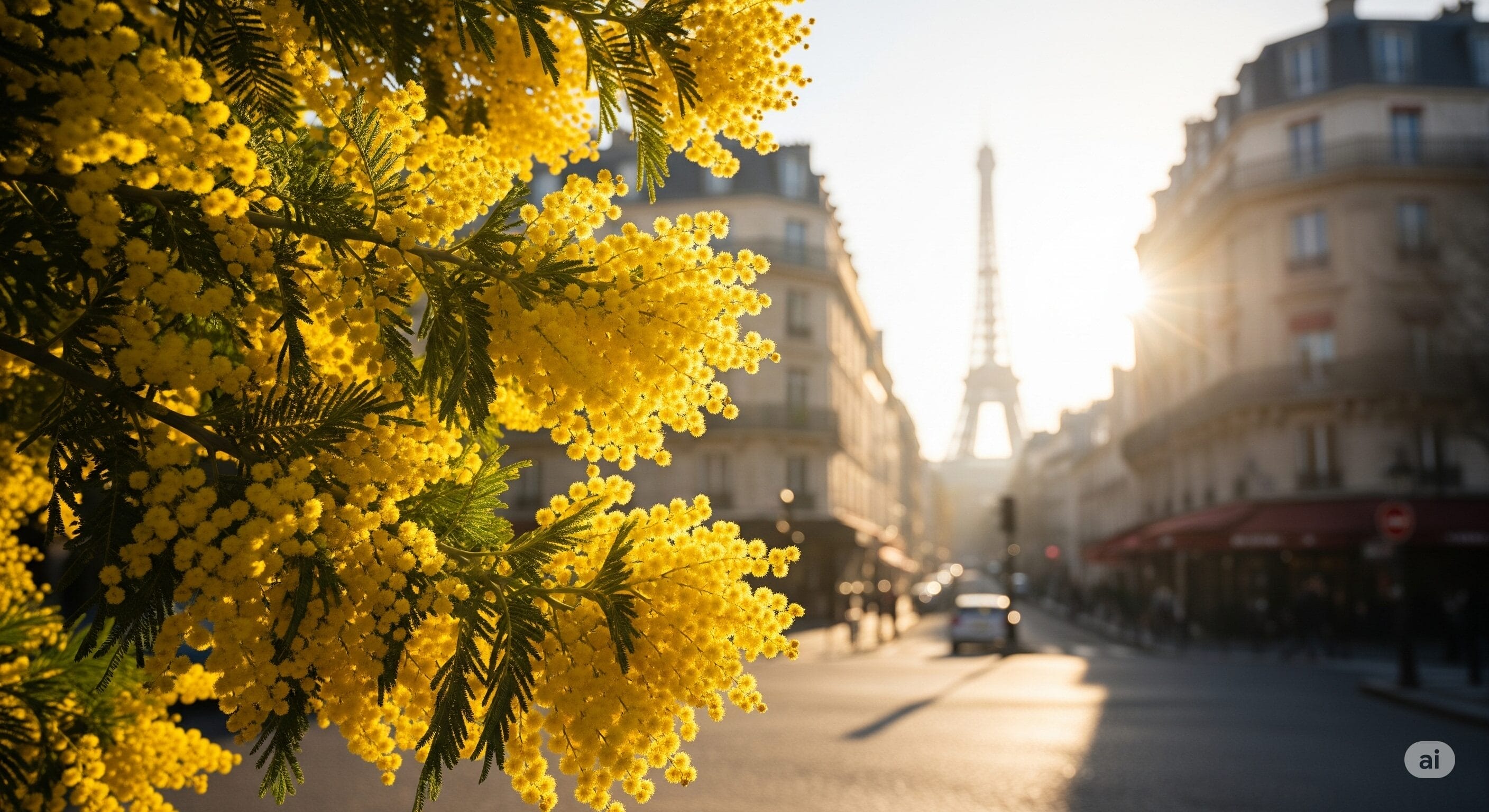 日の出のパリの通り、クラシックな建物、エッフェル塔を背景に、手前に黄色いミモザの花。.