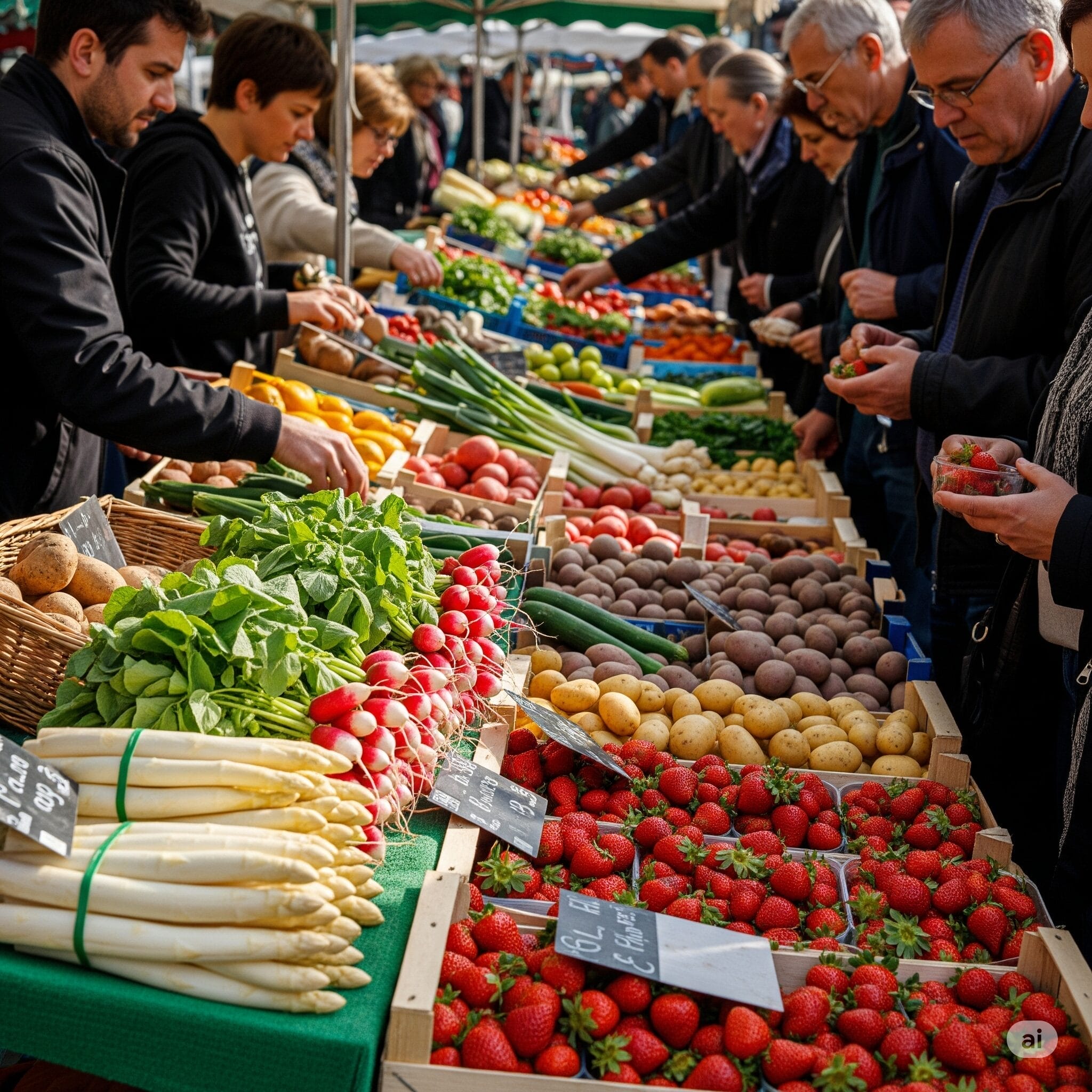 人々は屋外の市場で新鮮な野菜や果物を買い求め、イチゴや大根、ジャガイモなどが整然と並べられた露店から野菜を選ぶ。.