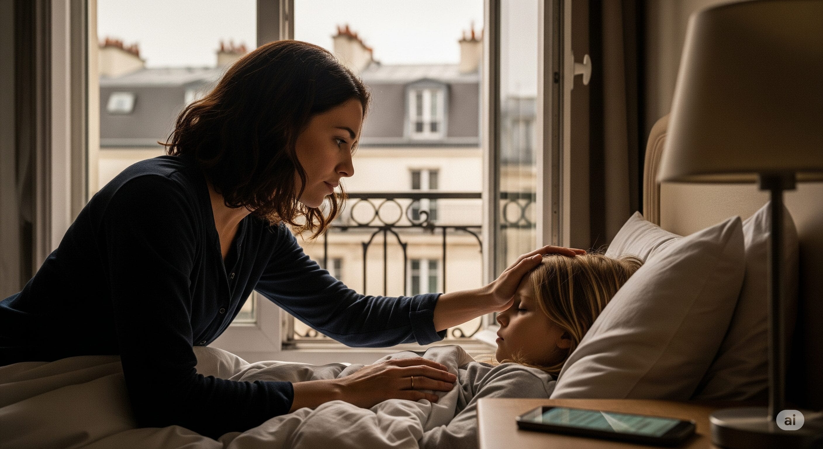 ベッドのそばに座り、子供の額に触れて熱を測っている女性。子供は大きな窓のある部屋で毛布の下に横たわっている。.