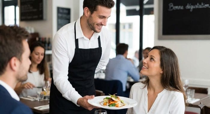 現代のレストランで洗練されたサービスを受ける様子