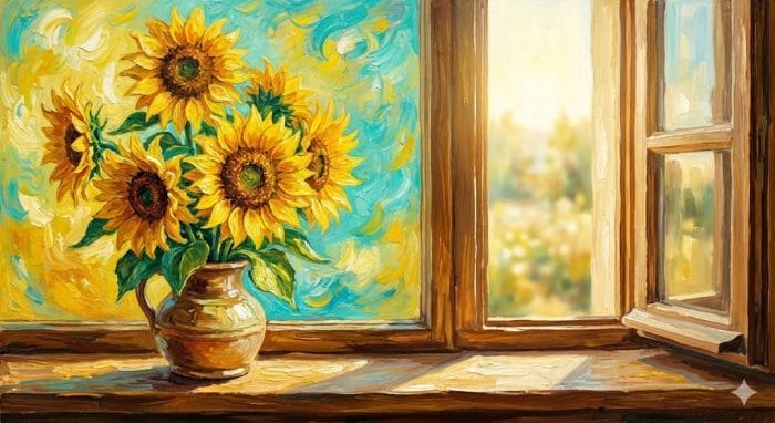 ゴッホ風の筆致で描かれた鮮やかなひまわりの絵