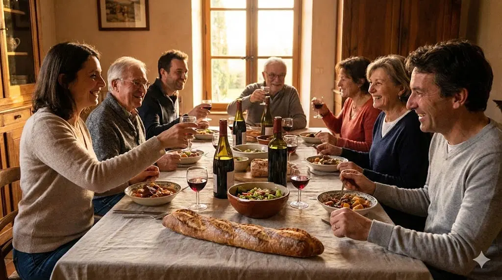 8人の大人がテーブルを囲み、グラスを掲げて乾杯しながら食事を楽しんでいる。テーブルにはワイン、サラダ、パン、料理の入ったボウルが置かれている。窓から太陽の光が差し込む。.