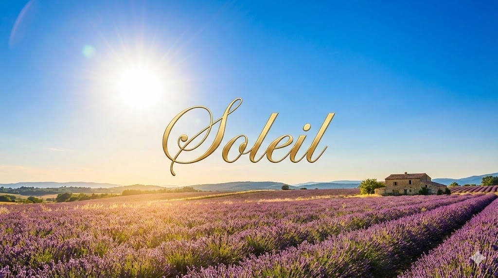 澄み切った青空の下、陽光に照らされたラベンダー畑と遠くに見える農家。画像全体に金色の文字で「Soleil」と書かれている。.