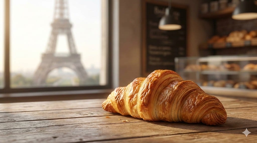 窓の外にエッフェル塔が見えるパン屋の木製テーブルに置かれたクロワッサン。.